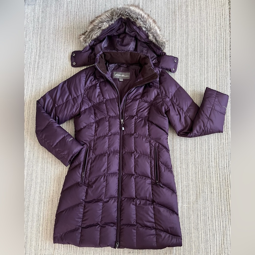 Eddie Bauer Down EB550 Quilted Long Puffy Coat Faux Fur Hood Size Medium Purple